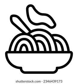 Plate of noodles line icon, englishbreakfast concept, noodles vector sign on white background, plate and fork outline style mobile concept web design. Vector graphics.