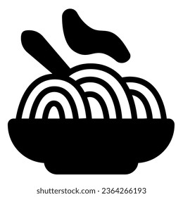 Planta de fideos icono sólido, concepto de desayuno inglés, señalización vectorial de fideos sobre fondo blanco, estilo de glifo de placa y tenedor para concepto móvil y diseño web. Gráficos vectoriales