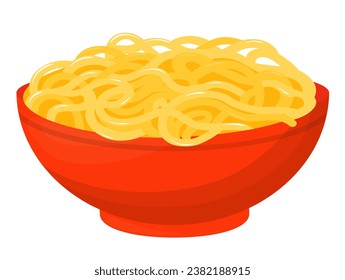 placa de fideos. Ilustración de material vectorial. Aislado sobre un fondo blanco. Ramen en un tazón rojo. La comida asiática. Pasta, espagueti.