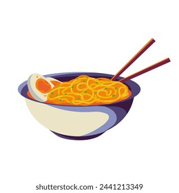 plate of noodles. Vector stock illustration. Isolated on a white background. Ramen in a red bowl. Asian food. Pasta, spaghetti.