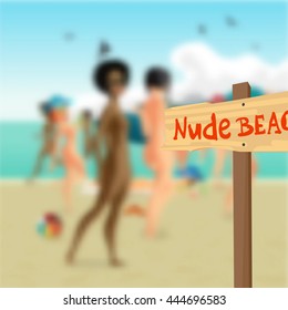 Plate nude beach in the background out of focus beautiful nude women at the seaside. Vector flat cartoon illustration