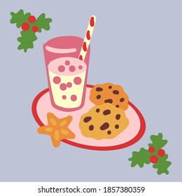 Plate of Oatmeal chocolate chips cookies for Santa and glass of milk and Candy cane decorate with holly berries. Treats for Santa. Vector illustration flat design on blue background. EPS 10 vector.