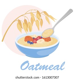 Plate of oatmeal with fruits and berries and spoon with porridge. Stock vector illustration. Healthy food design. Oat and oatmeal icon.