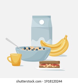 
A plate of oatmeal, milk and a cup of tea, a sandwich and bananas. vector illustration. Delicious breakfast food flat design. Kitchenware. Sweet morning concept