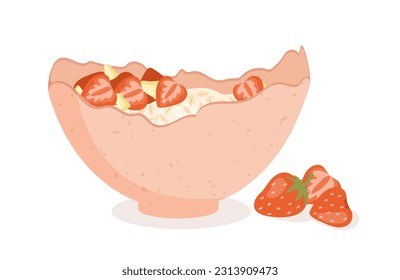 Plate of oatmeal with strawberry concept. Milk porridge with juicy berries. Traditional morning breakfast, healthy eating with vitamins. Tasty vegetarian food. Cartoon flat vector illustration