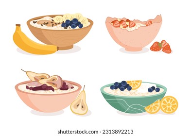 Plate of oatmeals with fruits set. Milk porridge with banana and berries. Healthy food and vegetarian diet, proper nutrition. Cartoon flat vector collection isolated on white background