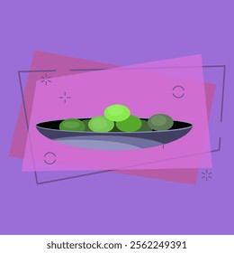 Plate with olives flat illustration. Snack, martini, grape. Alcohol concept. Vector illustration can be used for topics like drinks, fruit, food