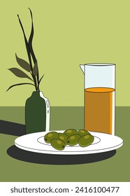 the plate with olives and vase ,monochrome,minimalist style green color background