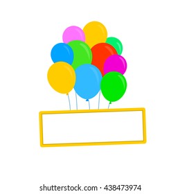 plate on balloons. Frame hanging on colored balloons