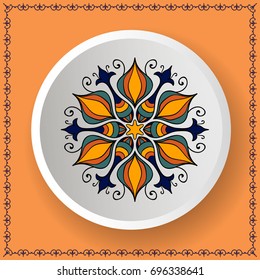 Plate on a napkin, mandala on a plate, dishes.Traditional ornament on the dishes Coloring for adults. Decor for your design, round pattern with lots of details. Oriental style. Circle lace ornament.