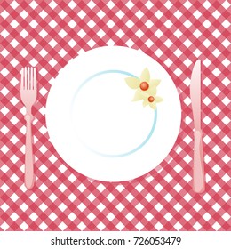 Plate on the table. Checkered red background seamless pattern. Illustration concept for a Christmas kitchen theme. Seamless pattern backdrop