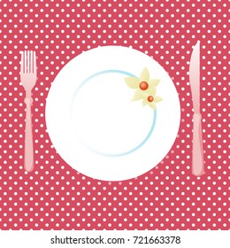 Plate on the table. Polka dot red background seamless pattern. Illustration concept for a Christmas kitchen theme. Seamless pattern backdrop