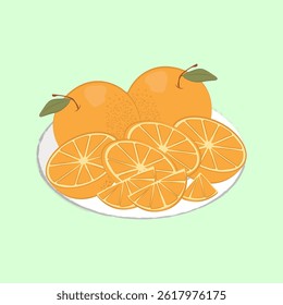 Placa com laranjas sobre fundo azul. Para embalagens de saúde e design de conteúdo. Para rótulos de suco orgânico, embalagens de lanches, caixas de chá e alimentos orgânicos, post do blog de desintoxicação de verão, tutoriais de smoothie. Vetor
