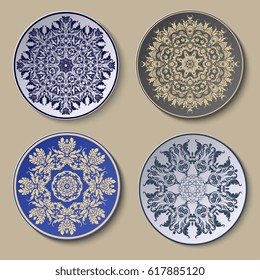 Plate with ornament. Set. Vector illustration
