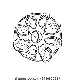Ein Teller mit Austern in einem Kreis, in dessen Mitte ein Zitronensegment steht. Die perfekte Vektorgrafik für eine Restaurantkarte oder ein Logo. Von Hand in einer Skizze gezeichnet Doodle-Stil.