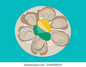 Plate of oysters in flat style with slice of lemon and salad on blue background