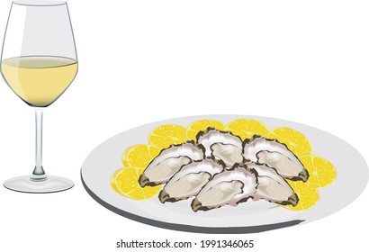 plate of oysters with lemon and white wine