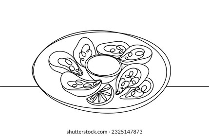 Un plato de ostras. Día Nacional del Ostrador. Un dibujo de línea para diferentes usos. Ilustración vectorial.