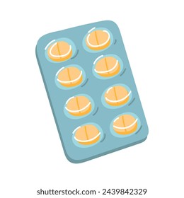 A plate of painkiller tablets for menstruation. A blue blister with yellow tablets. Medical care for severe pain. Medical treatment. Part of the item from the complete set for PMS