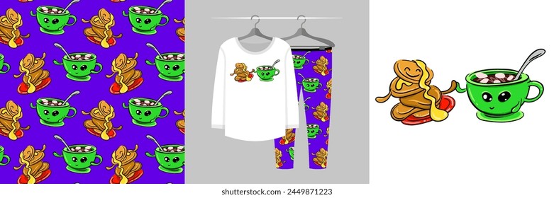Plate of pancakes and a cup of cocoa. Dancing Food set, seamless pattern, cute mascot illustration for tee prints, pajamas, baby shower decor, fabric design, wrapping, landing page, banner, sticker