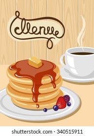 A plate of pancakes and a cup of coffee.