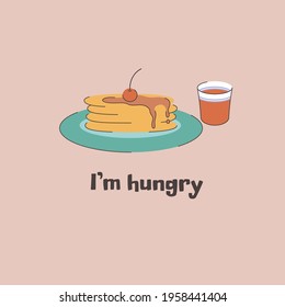 A plate of pancakes and a glass of juice. Pink background with text I am hungry