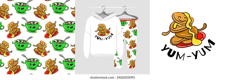 Plate of pancakes icon concept. Dancing Food set, seamless pattern, cute mascot illustration for tee prints, pajamas, baby shower decor, fabric design, wrapping, web landing page, banner, sticker