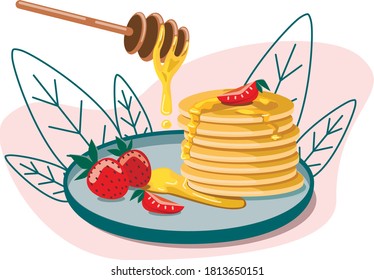 plate with pancakes, strawberries and honey, breakfast, without background