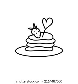 A plate of pancakes with a strawberry on top and a studded heart decoration. Perfect for Valentines Day postcards and decorations.