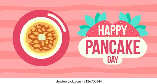 A plate of pancakes topped with butter slices and honey melted on a plate. Happy pancake day vector illustration.