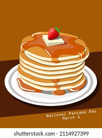 

A plate of pancakes topped with cheese slices, strawberry and honey melted on a white plate served on a brown table, National Pancake Day March 1