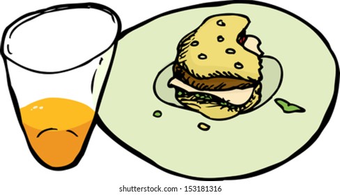 Plate with part of burger and glass with juice