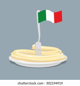 Plate of pasta with flag of Italy. Spaghetti with a fork. Vector illustration of traditional Italian food
