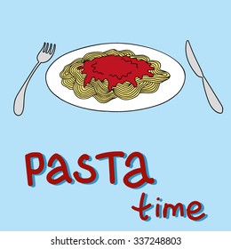 plate of pasta with hand drawn letters on blue background