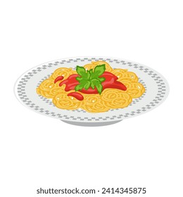 Plate of pasta. Pasta with ketchup and herbs. Italian Cuisine. Food illustration, vector