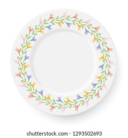 Plate with a pattern of lilies on a white background.   Vector illustration