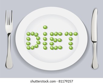 The Plate with pea words diet. The Vector illustration.