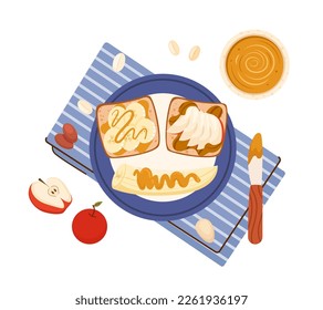 Plate mit Erdnussbutter süße Toasts und Bananenscheiben. Top-Ansicht-Illustration Frühstück fettige Paste und Früchte auf gegrilltem quadratischem Brot. Flache Vektorgrafik einzeln auf weißem Hintergrund.