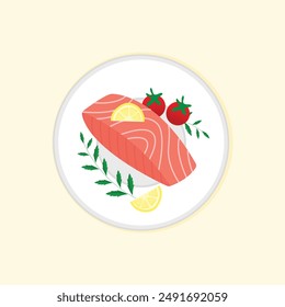 a plate with a picture of a meat and vegetables on it,salmon fish with tomato and lemon,vector illustration