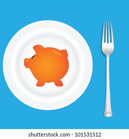 A plate with a picture of a pig and fork. Vector illustration.