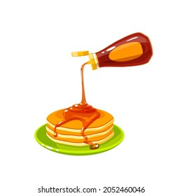 Plate with pile of pancakes and bottle with dark brown honey. Vector illustration cartoon flat icon isolated on white background.