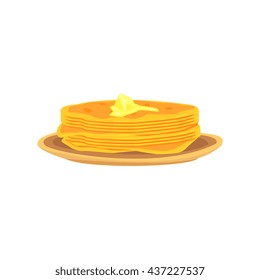 Plate With Pile Of Russian Blini Bright Color Detailed Cartoon Style Vector Illustration Isolated On White Background