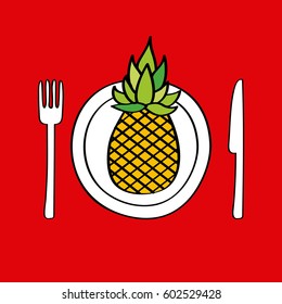 plate with pineapple fruit over red background. colorful design. vector illustration