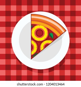a plate of pizza on the tablecloth vector illustration
