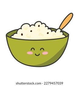 A plate of porridge in kawaii style. Vector illustration. Breakfast in cartoon style. Muesli character with a smile.