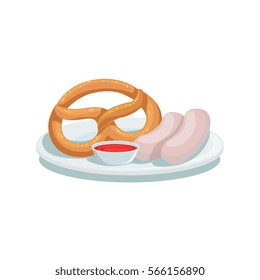 Plate With Pretzel, Sausages And Ketchup Sauce, Oktoberfest Festival Grill Bar Snack Menu Item