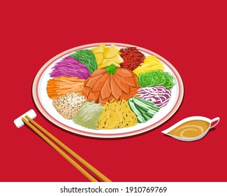 A plate of prosperity salad or Yu Sheng with sauce on red background. Isolated Yu Sheng vector illustration.