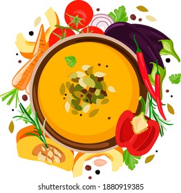 A plate of pumpkin soup on the background of a variety of vegetables: carrots, pumpkin, herbs and spices, eggplant and tomatoes. Vegetarian lunch, vector illustration.