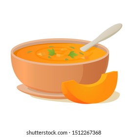 A plate of pumpkin soup with a spoon.Hot vegetable soup.Bowl of soup.Isolated on a white background.Vector realistic illustration.
