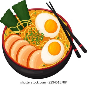 Plate of ramen, with chicken eggs, noodles, nori seaweed, with green onions, vector illustration, asian food